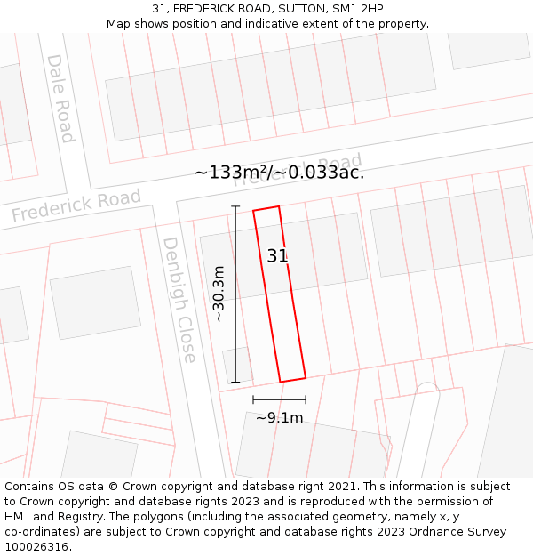 31, FREDERICK ROAD, SUTTON, SM1 2HP: Plot and title map