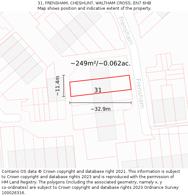 31, FRENSHAM, CHESHUNT, WALTHAM CROSS, EN7 6HB: Plot and title map