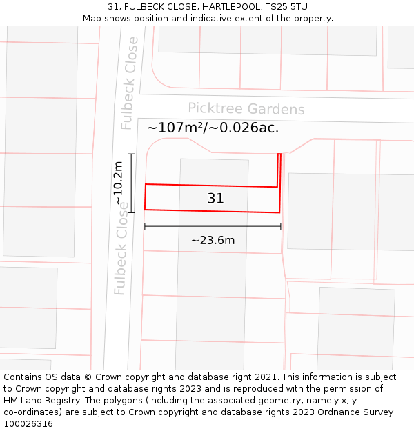 31, FULBECK CLOSE, HARTLEPOOL, TS25 5TU: Plot and title map
