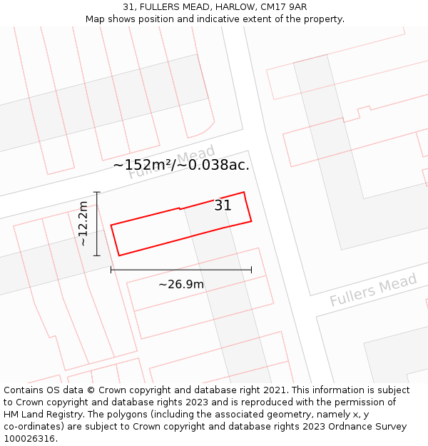 31, FULLERS MEAD, HARLOW, CM17 9AR: Plot and title map