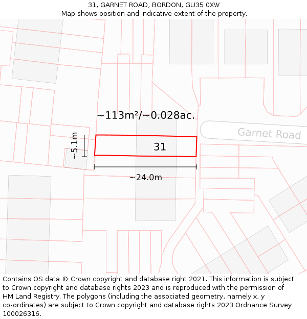 31, GARNET ROAD, BORDON, GU35 0XW: Plot and title map