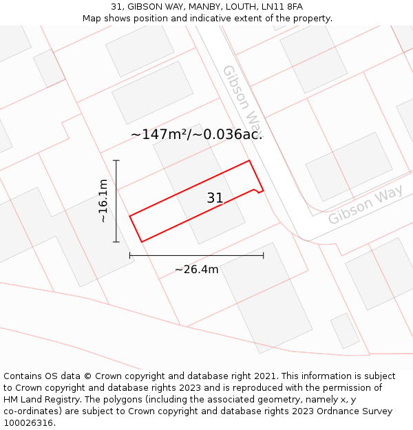 31, GIBSON WAY, MANBY, LOUTH, LN11 8FA: Plot and title map