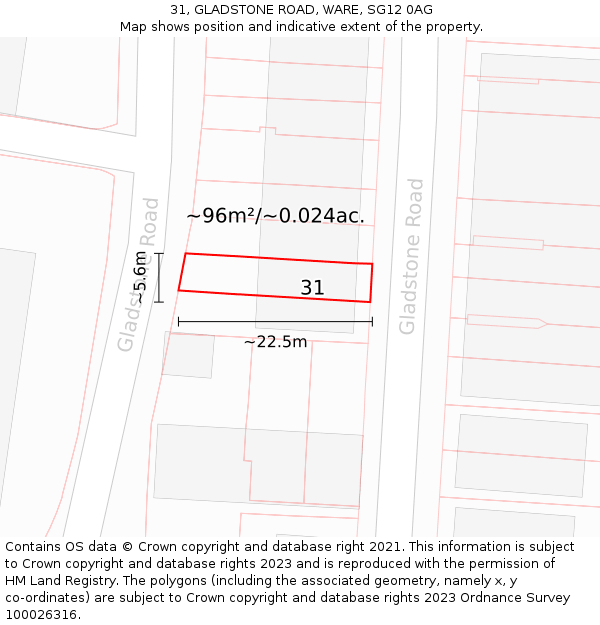 31, GLADSTONE ROAD, WARE, SG12 0AG: Plot and title map