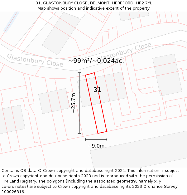 31, GLASTONBURY CLOSE, BELMONT, HEREFORD, HR2 7YL: Plot and title map