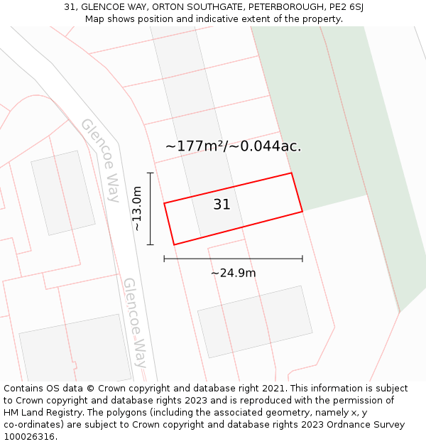 31, GLENCOE WAY, ORTON SOUTHGATE, PETERBOROUGH, PE2 6SJ: Plot and title map
