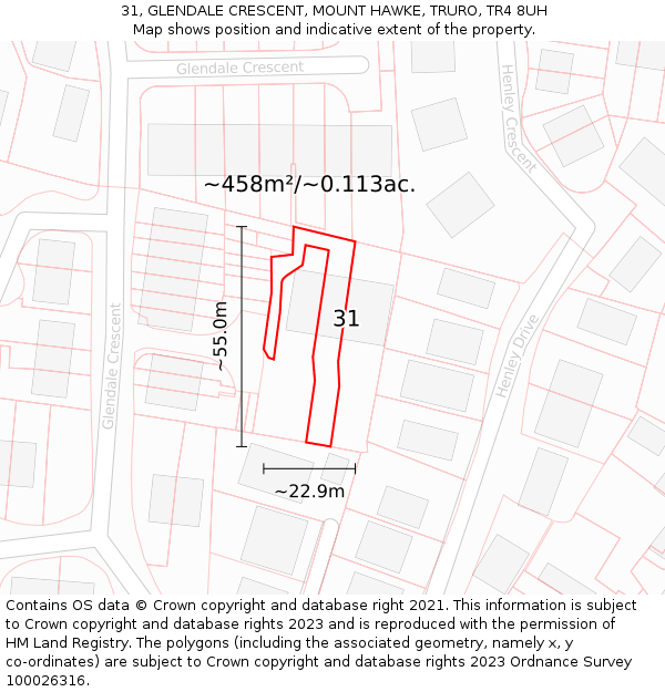 31, GLENDALE CRESCENT, MOUNT HAWKE, TRURO, TR4 8UH: Plot and title map