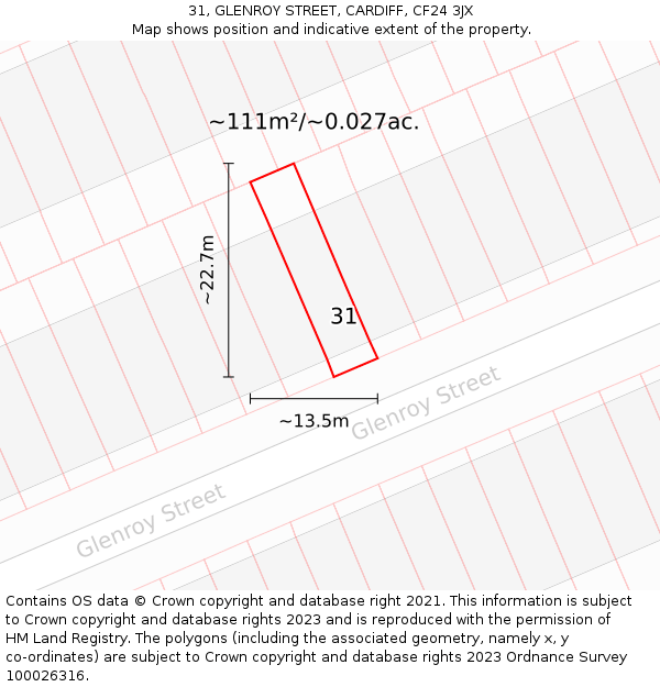 31, GLENROY STREET, CARDIFF, CF24 3JX: Plot and title map