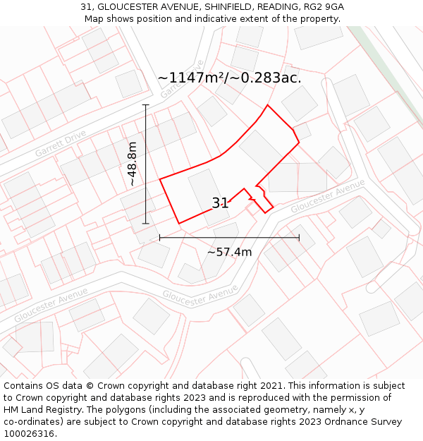 31, GLOUCESTER AVENUE, SHINFIELD, READING, RG2 9GA: Plot and title map