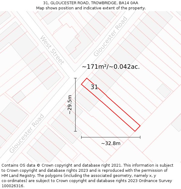 31, GLOUCESTER ROAD, TROWBRIDGE, BA14 0AA: Plot and title map