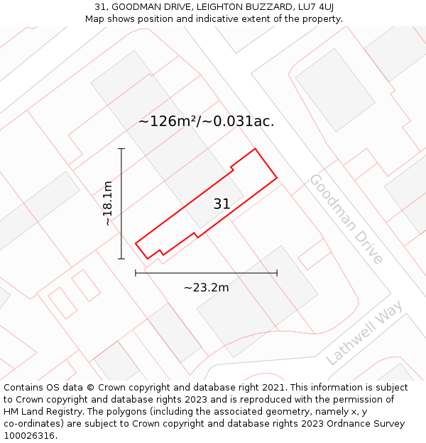 31, GOODMAN DRIVE, LEIGHTON BUZZARD, LU7 4UJ: Plot and title map