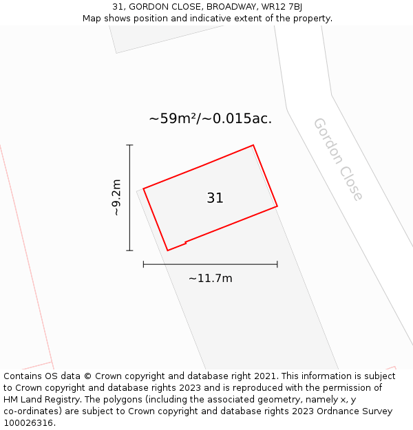 31, GORDON CLOSE, BROADWAY, WR12 7BJ: Plot and title map