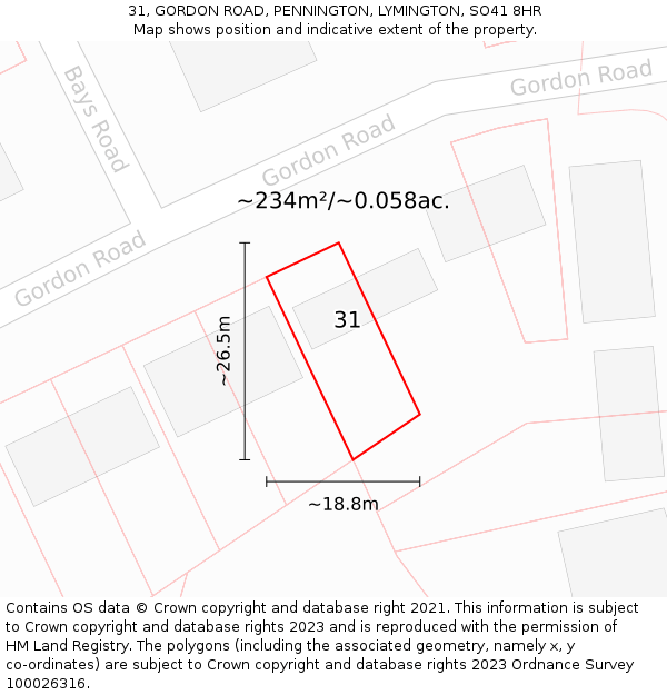 31, GORDON ROAD, PENNINGTON, LYMINGTON, SO41 8HR: Plot and title map