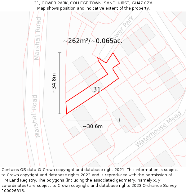 31, GOWER PARK, COLLEGE TOWN, SANDHURST, GU47 0ZA: Plot and title map