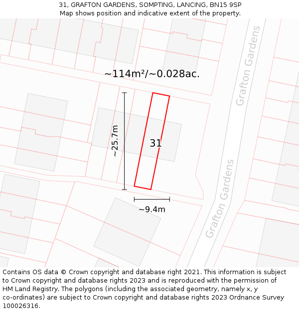 31, GRAFTON GARDENS, SOMPTING, LANCING, BN15 9SP: Plot and title map