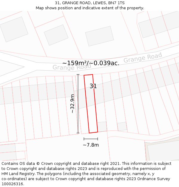 31, GRANGE ROAD, LEWES, BN7 1TS: Plot and title map