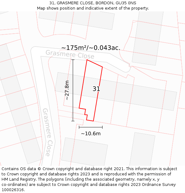 31, GRASMERE CLOSE, BORDON, GU35 0NS: Plot and title map