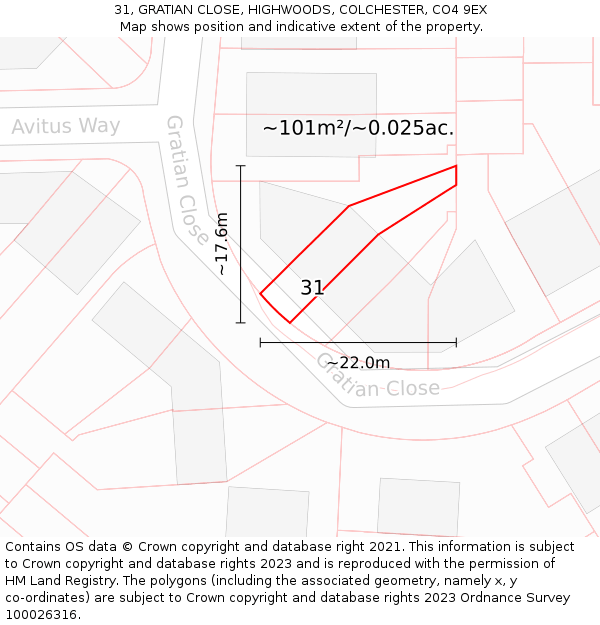 31, GRATIAN CLOSE, HIGHWOODS, COLCHESTER, CO4 9EX: Plot and title map
