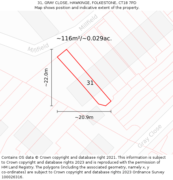 31, GRAY CLOSE, HAWKINGE, FOLKESTONE, CT18 7PD: Plot and title map