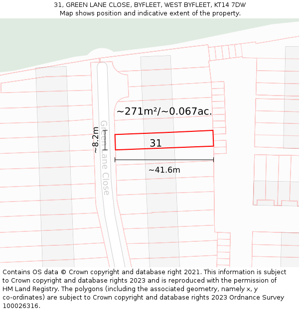 31, GREEN LANE CLOSE, BYFLEET, WEST BYFLEET, KT14 7DW: Plot and title map