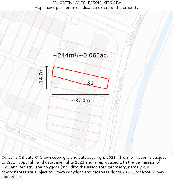 31, GREEN LANES, EPSOM, KT19 9TW: Plot and title map