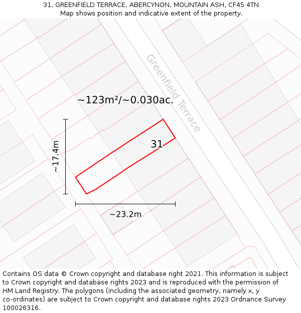31, GREENFIELD TERRACE, ABERCYNON, MOUNTAIN ASH, CF45 4TN: Plot and title map