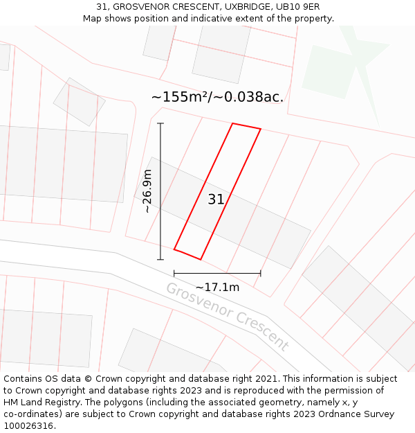 31, GROSVENOR CRESCENT, UXBRIDGE, UB10 9ER: Plot and title map