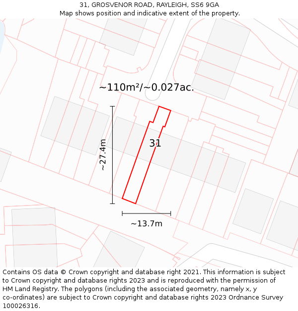 31, GROSVENOR ROAD, RAYLEIGH, SS6 9GA: Plot and title map