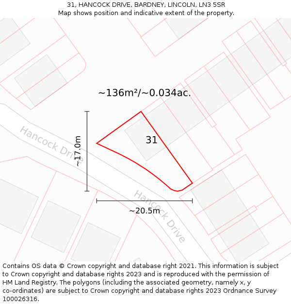31, HANCOCK DRIVE, BARDNEY, LINCOLN, LN3 5SR: Plot and title map