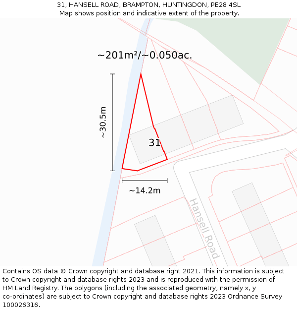31, HANSELL ROAD, BRAMPTON, HUNTINGDON, PE28 4SL: Plot and title map