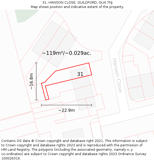 31, HANSON CLOSE, GUILDFORD, GU4 7NJ: Plot and title map