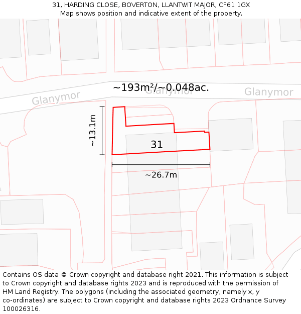 31, HARDING CLOSE, BOVERTON, LLANTWIT MAJOR, CF61 1GX: Plot and title map