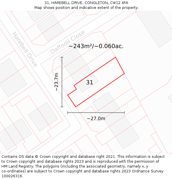 31, HAREBELL DRIVE, CONGLETON, CW12 4FA: Plot and title map