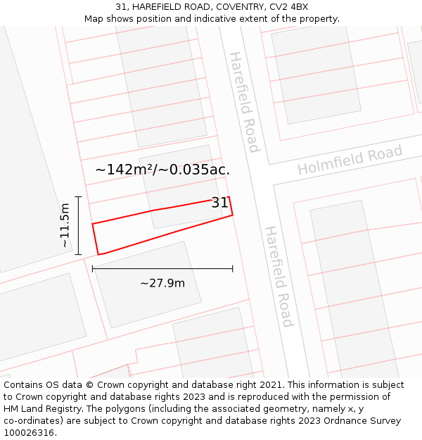 31, HAREFIELD ROAD, COVENTRY, CV2 4BX: Plot and title map