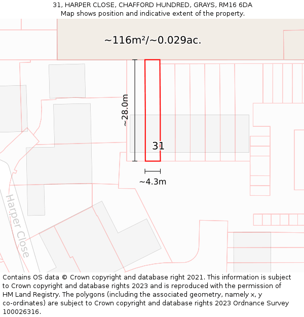 31, HARPER CLOSE, CHAFFORD HUNDRED, GRAYS, RM16 6DA: Plot and title map