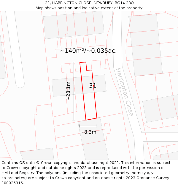 31, HARRINGTON CLOSE, NEWBURY, RG14 2RQ: Plot and title map