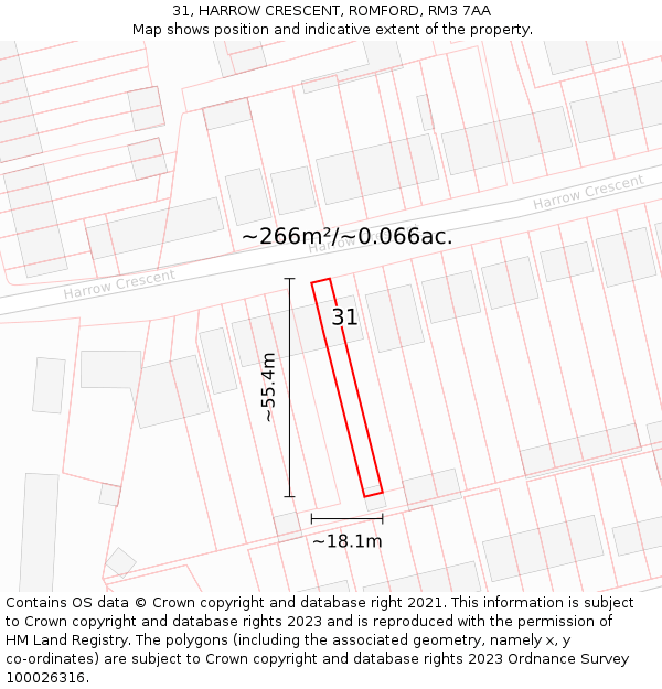 31, HARROW CRESCENT, ROMFORD, RM3 7AA: Plot and title map
