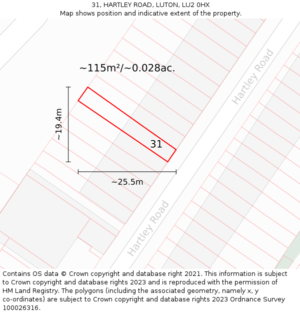 31, HARTLEY ROAD, LUTON, LU2 0HX: Plot and title map