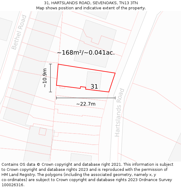 31, HARTSLANDS ROAD, SEVENOAKS, TN13 3TN: Plot and title map