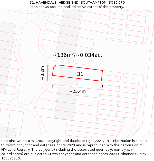 31, HAVENDALE, HEDGE END, SOUTHAMPTON, SO30 0FD: Plot and title map