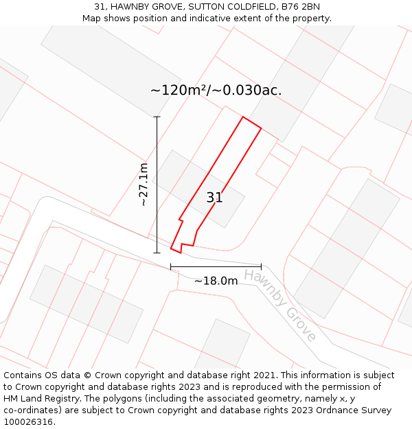 31, HAWNBY GROVE, SUTTON COLDFIELD, B76 2BN: Plot and title map