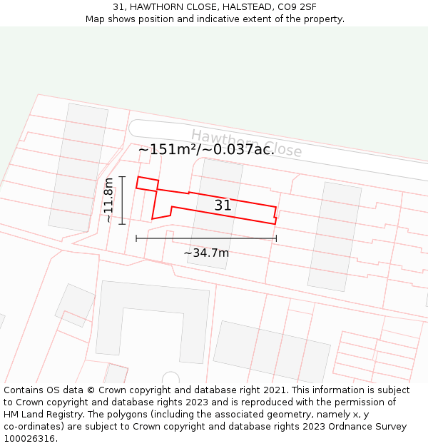 31, HAWTHORN CLOSE, HALSTEAD, CO9 2SF: Plot and title map