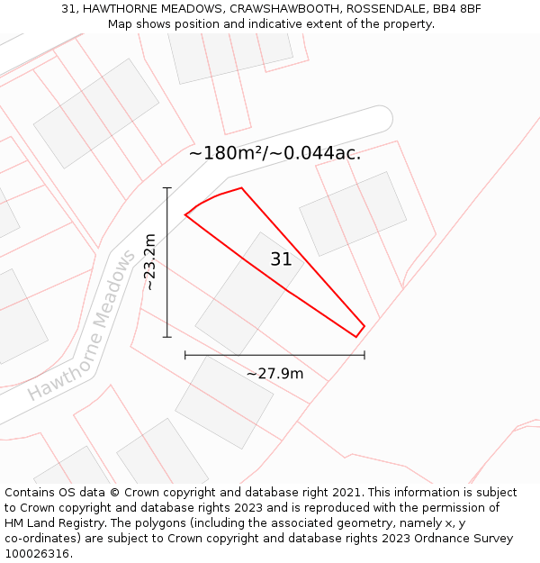 31, HAWTHORNE MEADOWS, CRAWSHAWBOOTH, ROSSENDALE, BB4 8BF: Plot and title map