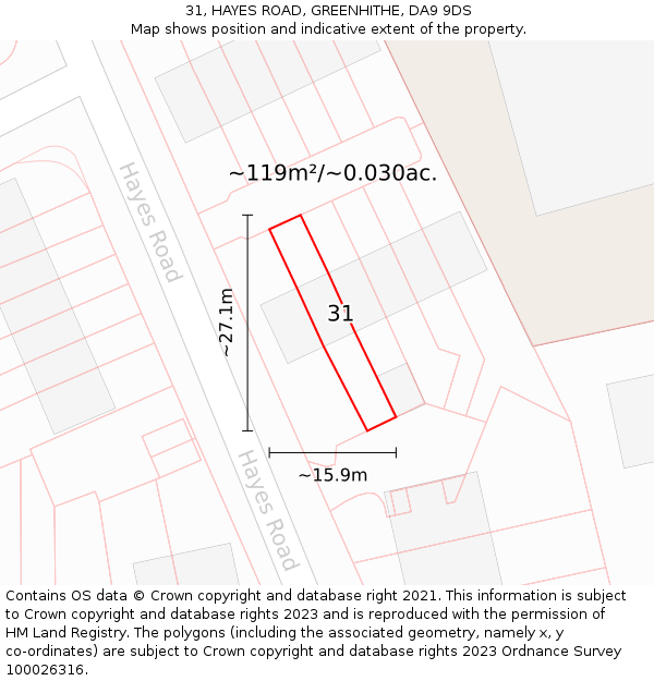 31, HAYES ROAD, GREENHITHE, DA9 9DS: Plot and title map