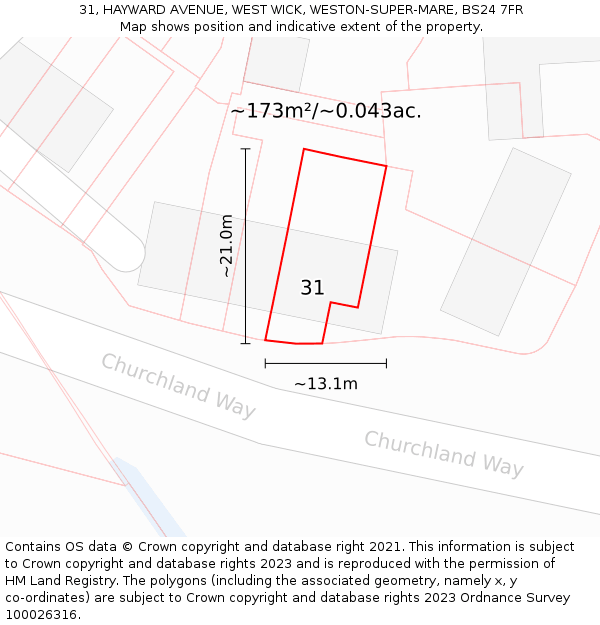 31, HAYWARD AVENUE, WEST WICK, WESTON-SUPER-MARE, BS24 7FR: Plot and title map