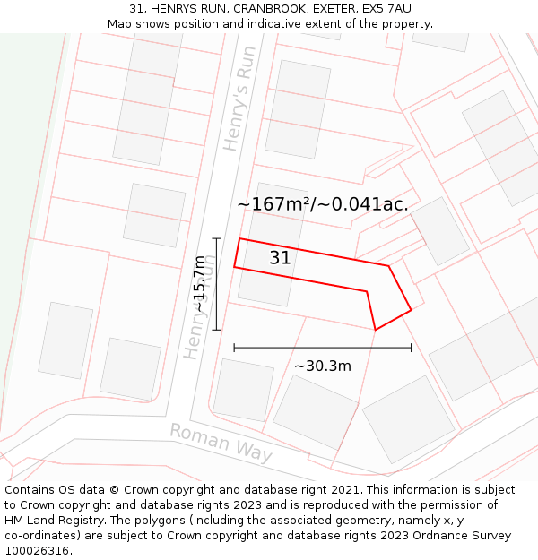 31, HENRYS RUN, CRANBROOK, EXETER, EX5 7AU: Plot and title map