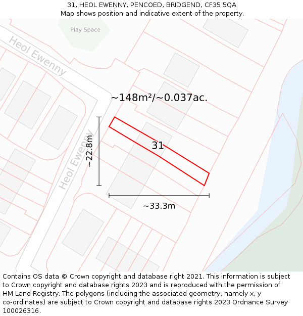 31, HEOL EWENNY, PENCOED, BRIDGEND, CF35 5QA: Plot and title map