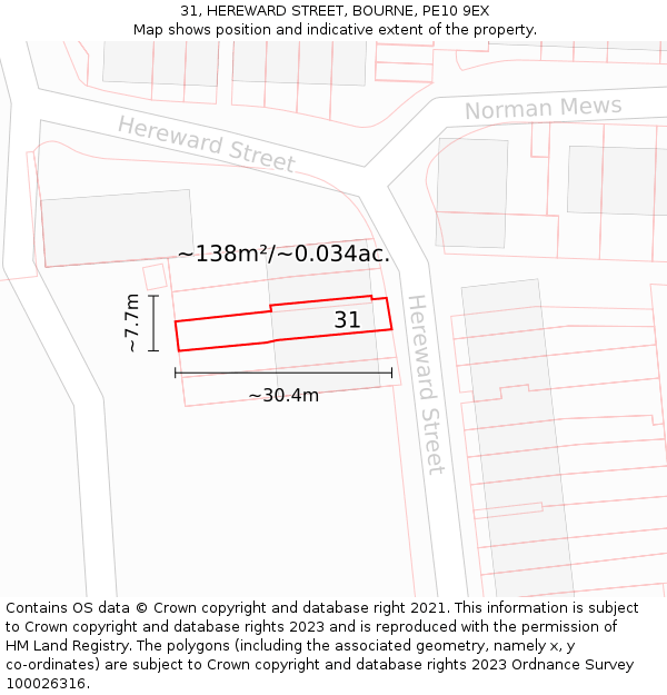 31, HEREWARD STREET, BOURNE, PE10 9EX: Plot and title map