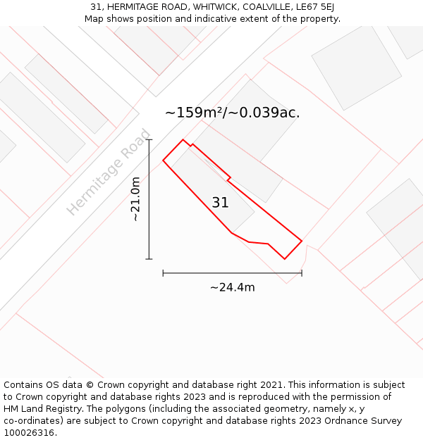 31, HERMITAGE ROAD, WHITWICK, COALVILLE, LE67 5EJ: Plot and title map