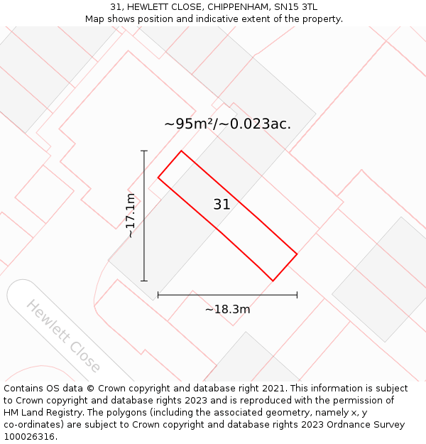 31, HEWLETT CLOSE, CHIPPENHAM, SN15 3TL: Plot and title map