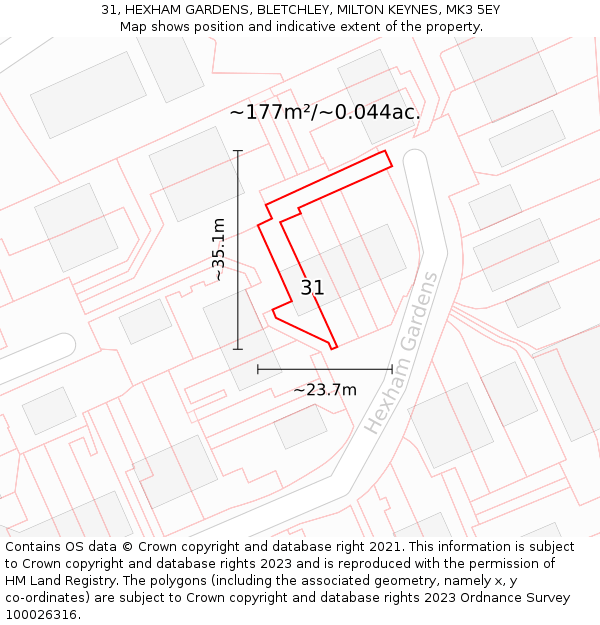 31, HEXHAM GARDENS, BLETCHLEY, MILTON KEYNES, MK3 5EY: Plot and title map